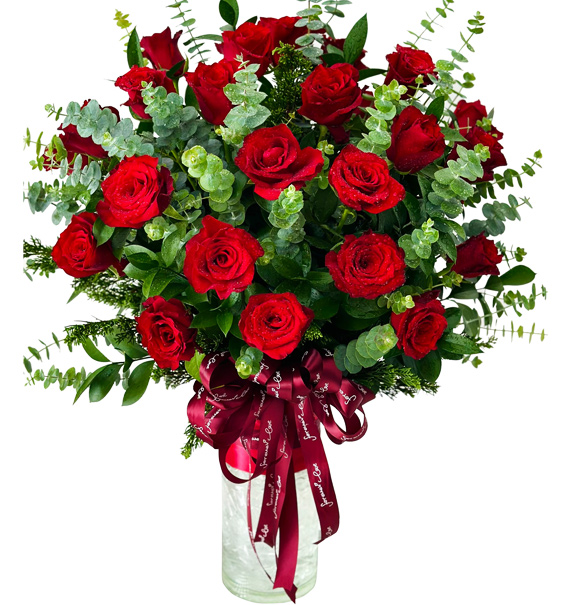 18 red roses in vase