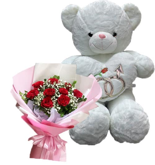 white teddy bear 9 rose